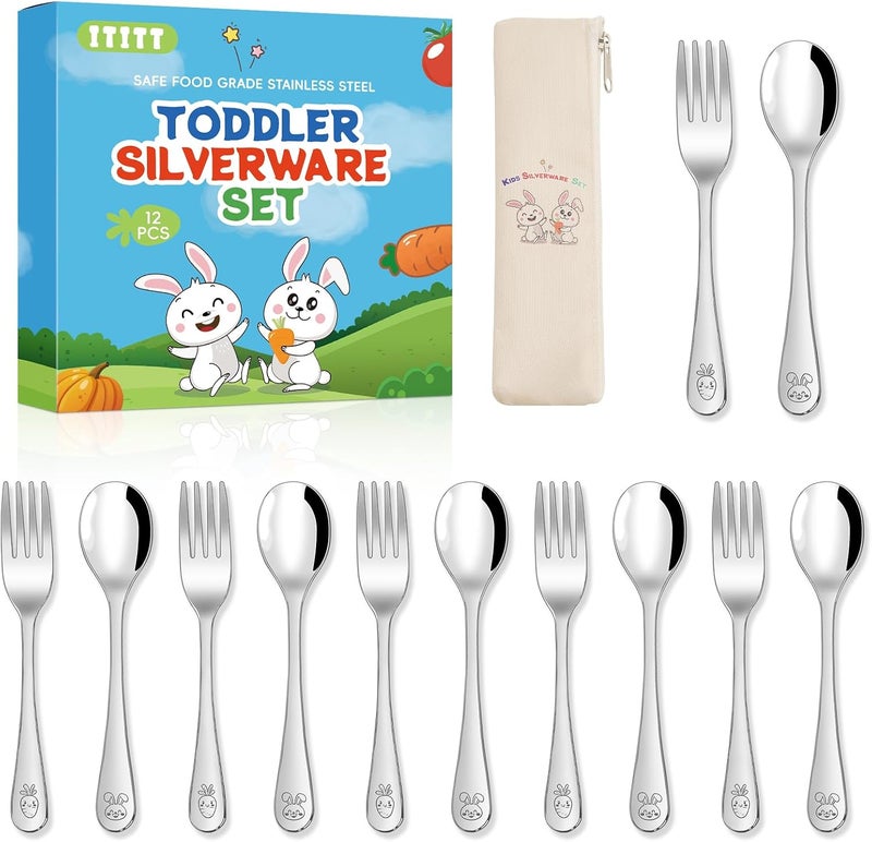 ITITT 12 Pieces Stainless Steel Toddler Utensils Set - Food Grade Kids Silverware Set Children Safe Small Forks and Spoons Mirror Polished Sturdy and Durable Dishwasher Safe - Image 1